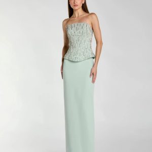 Green Embellished Crepe Strapless Column Gown