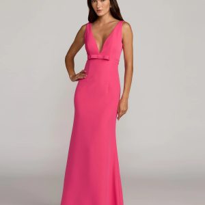 Pink Crepe V-Neck Mermaid Gown with Bow