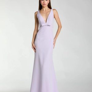 Purple Sleeveless V Neck Mermaid Gown With Bow