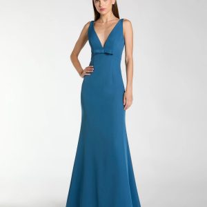 Blue Crepe Sleeveless V Neck Mermaid Gown With Bow