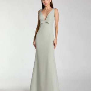 Light Green Crepe V-Neck Mermaid Gown with Bow