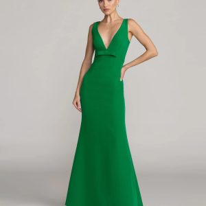 Green Sleeveless V Neck Mermaid Gown With Bow