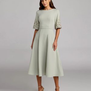 Green Crepe A Line Midi Dress With Beaded Sleeves