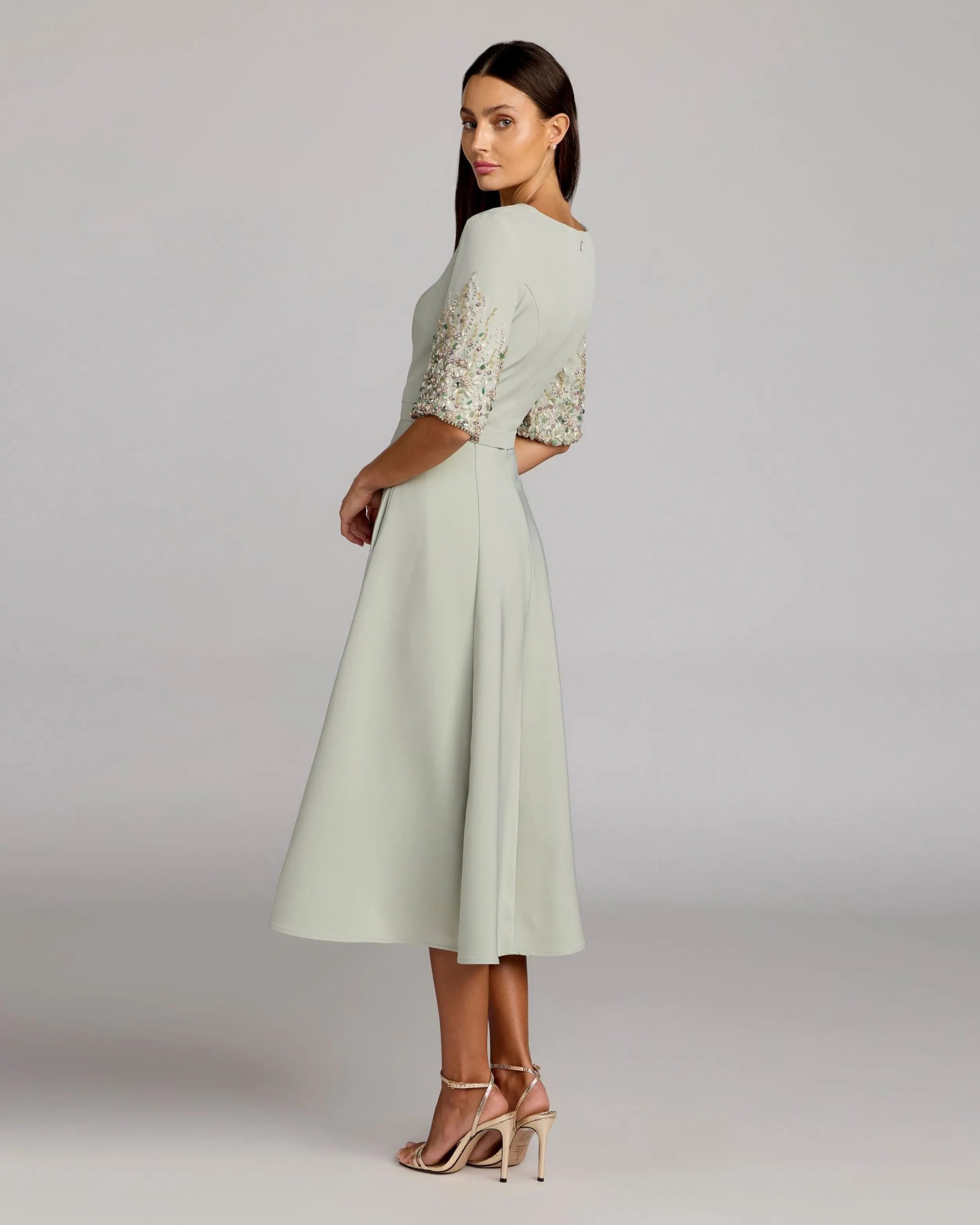 Green Crepe A Line Midi Dress With Beaded Sleeves - Image 3