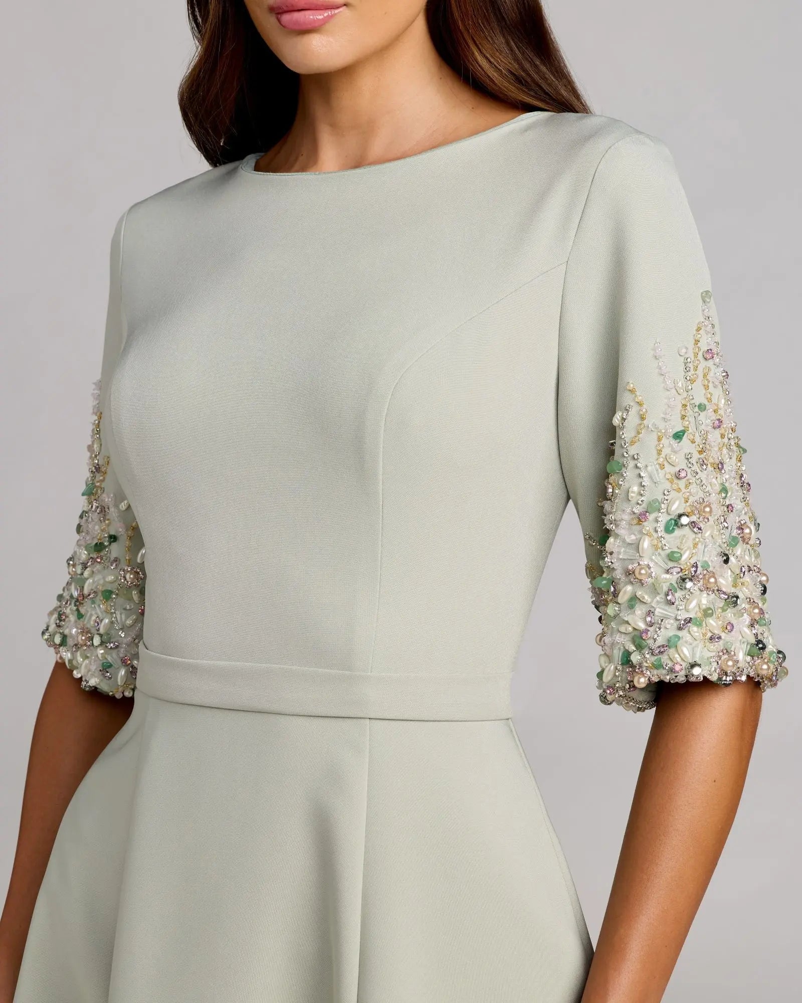 Green Crepe A Line Midi Dress With Beaded Sleeves - Image 2