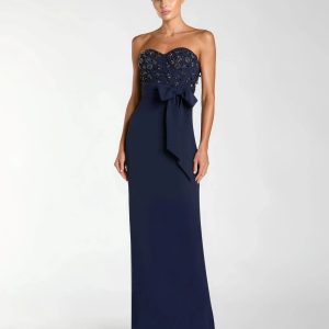 Navy Strapless Embellished Bustier Gown with Bow