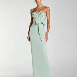 Green Strapless Embellished Bustier Gown with Bow