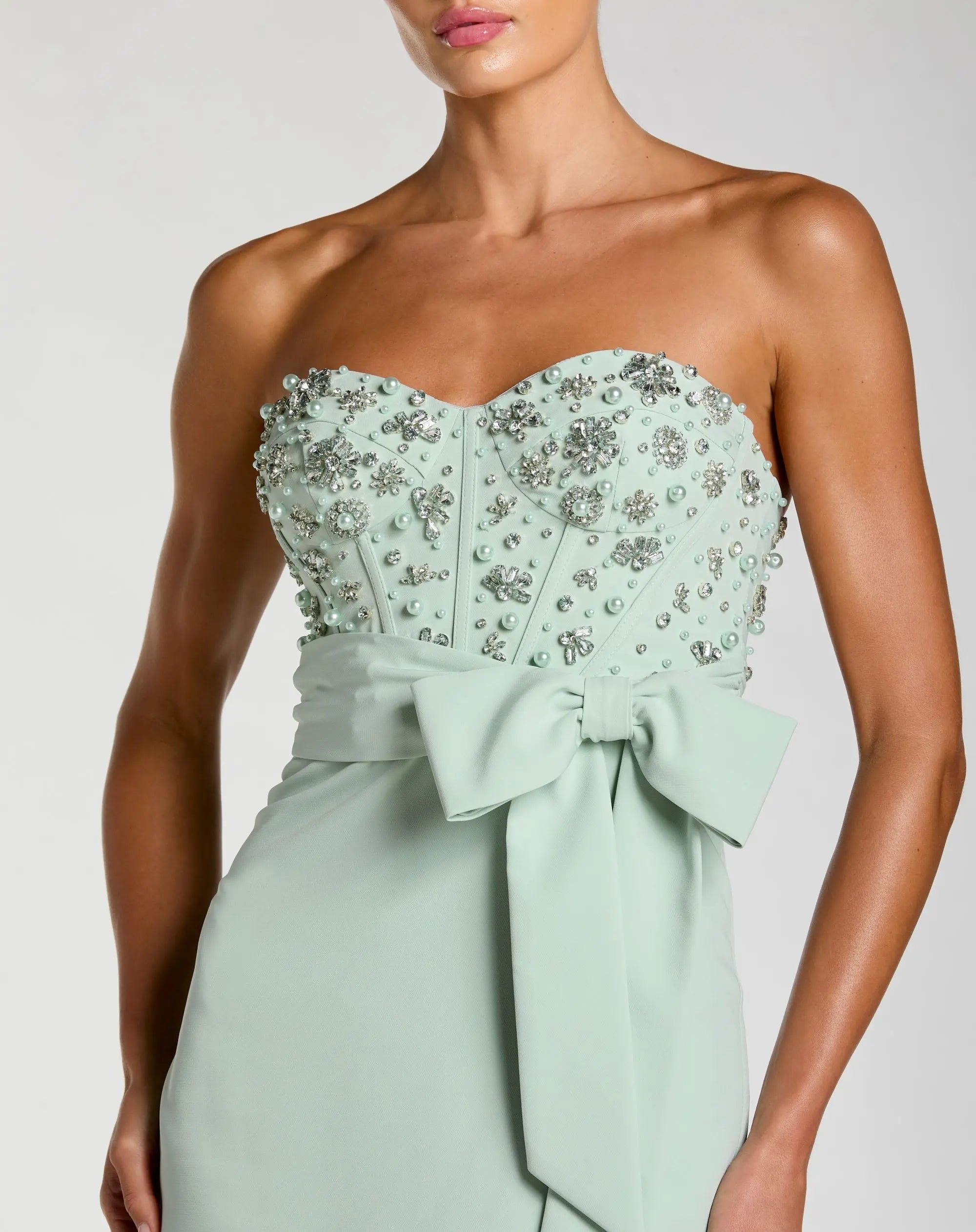 Green Strapless Embellished Bustier Gown with Bow - Image 2