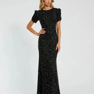 Black Gathered Short Sleeve Embellished Gown