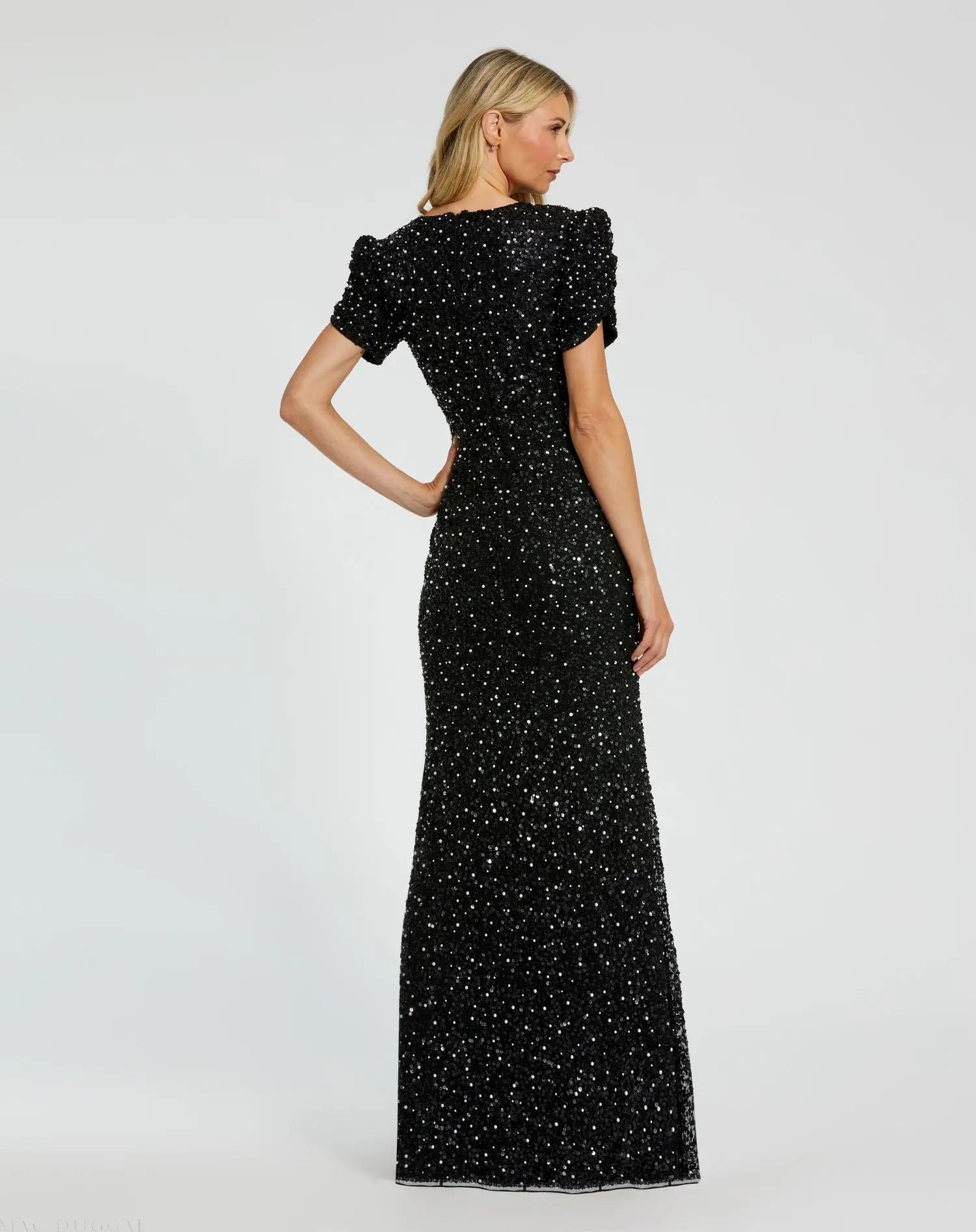 Black Gathered Short Sleeve Embellished Gown - Image 3