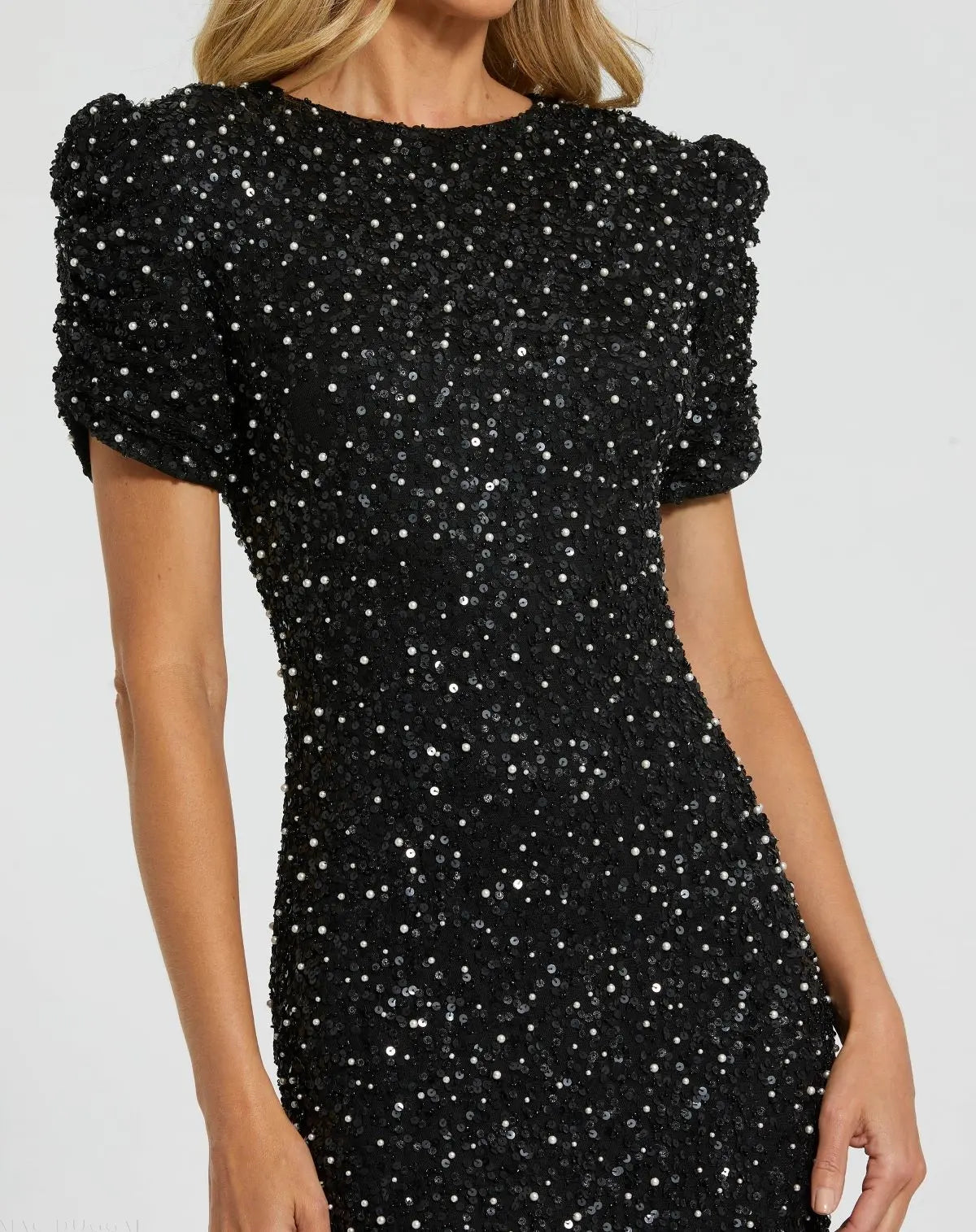 Black Gathered Short Sleeve Embellished Gown - Image 2