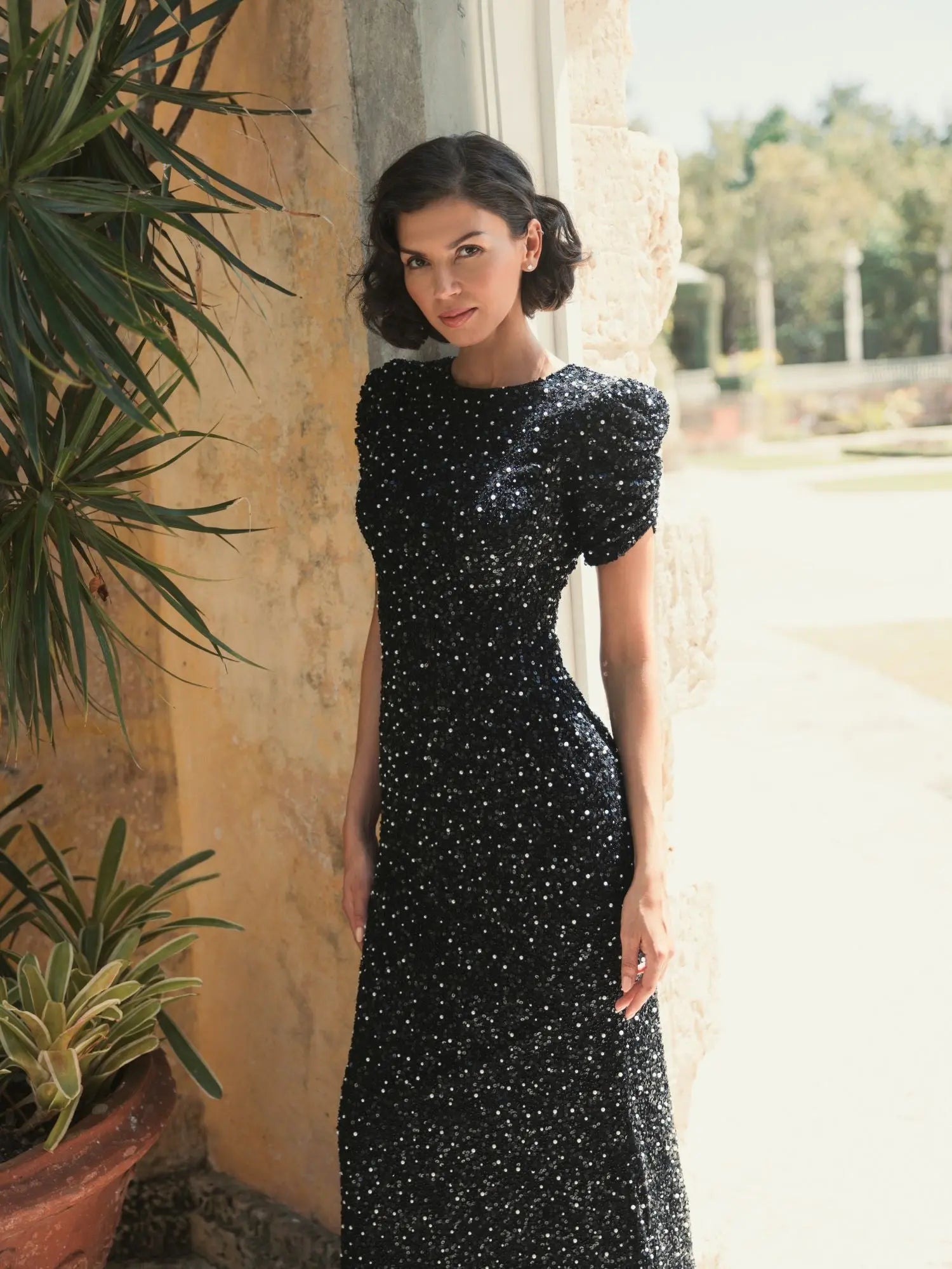 Black Gathered Short Sleeve Embellished Gown - Image 5