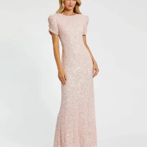Pink Gathered Short Sleeve Embellished Gown