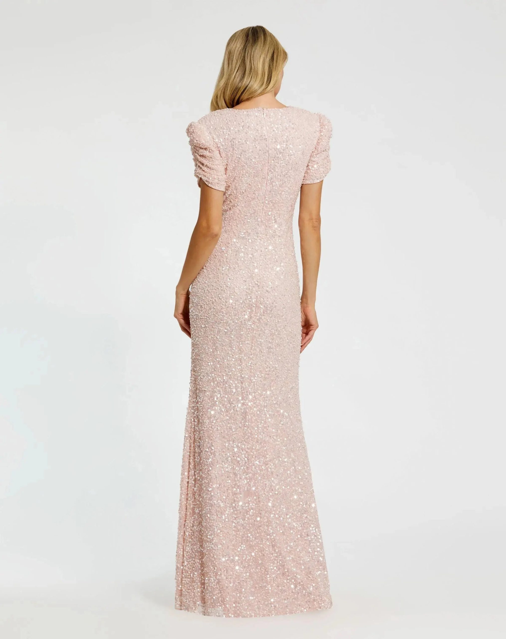Pink Gathered Short Sleeve Embellished Gown - Image 4