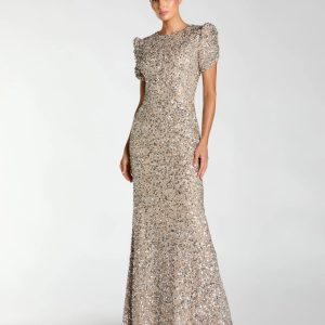 Beige Sequin Trumpet Gown with Puff Sleeves