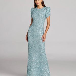 Blue Sequin Trumpet Gown with Puff Sleeves