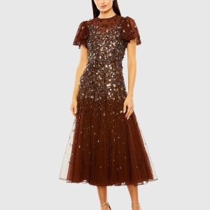 Brown High Neck Flutter Sleeve Beaded Dress