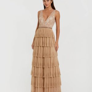 Beige Beaded Mesh V Neck Gown With Tiered Ruffles