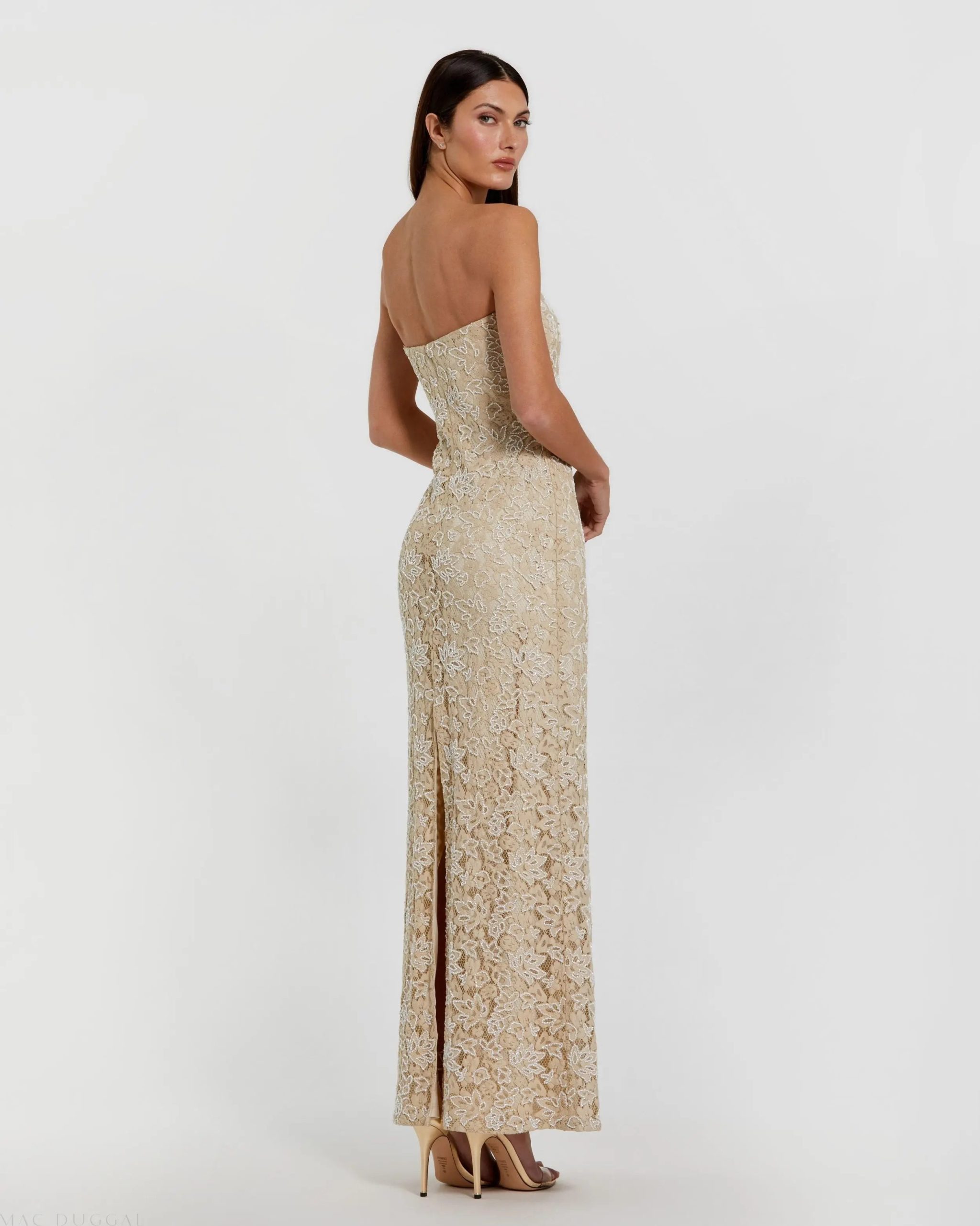 Beige Strapless Beaded Lace Fitted Column Gown - Image 3