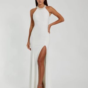 Beaded Halter Jersey Gown