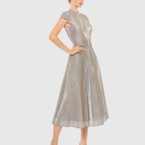 Silver Metallic Cap Sleeve Tea-Length Dress