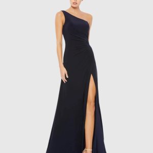 Navy One Shoulder Ruched Jersey Evening Gown