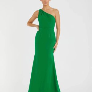 Green One Shoulder Crepe Mermaid Gown