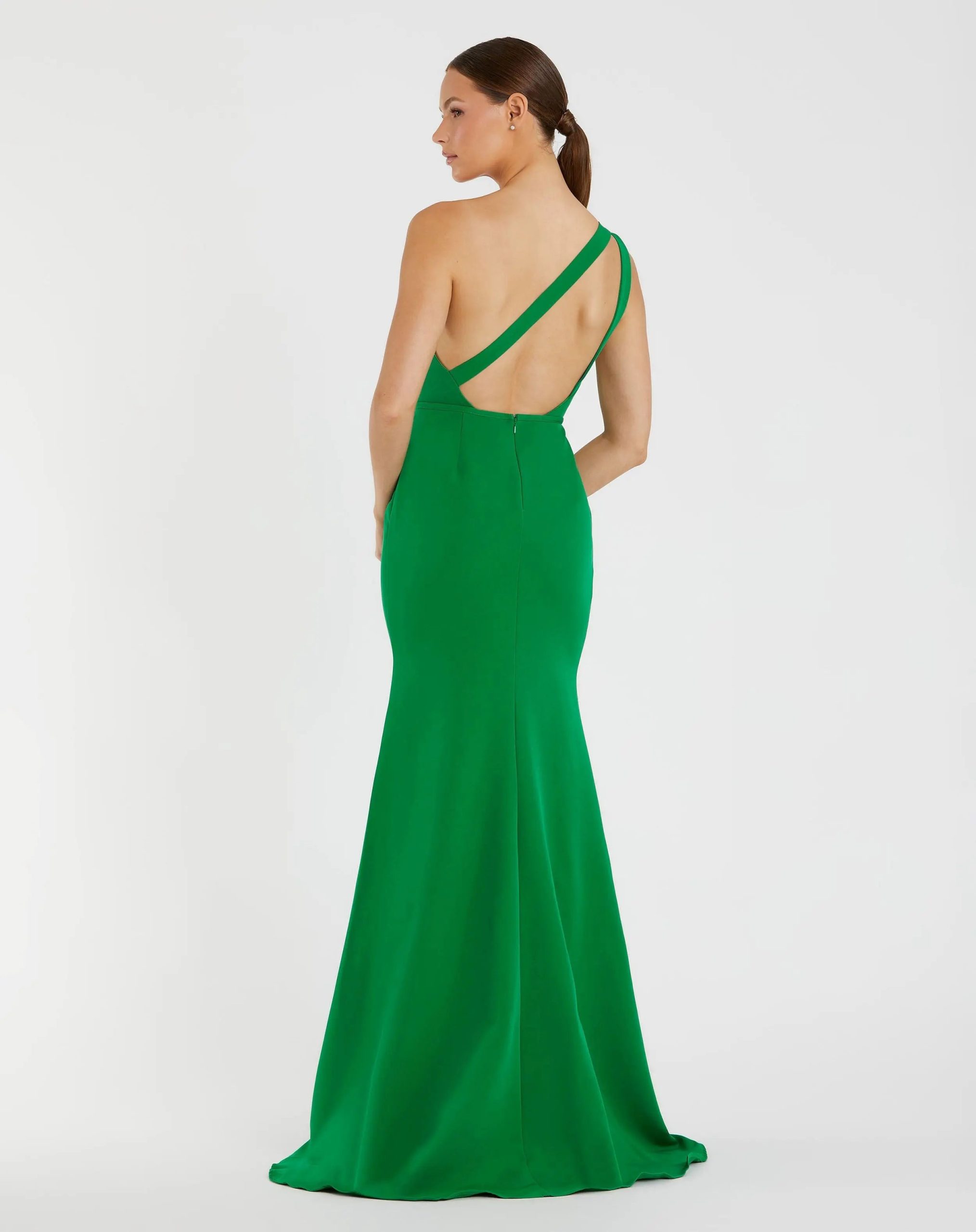 Green One Shoulder Crepe Mermaid Gown - Image 2