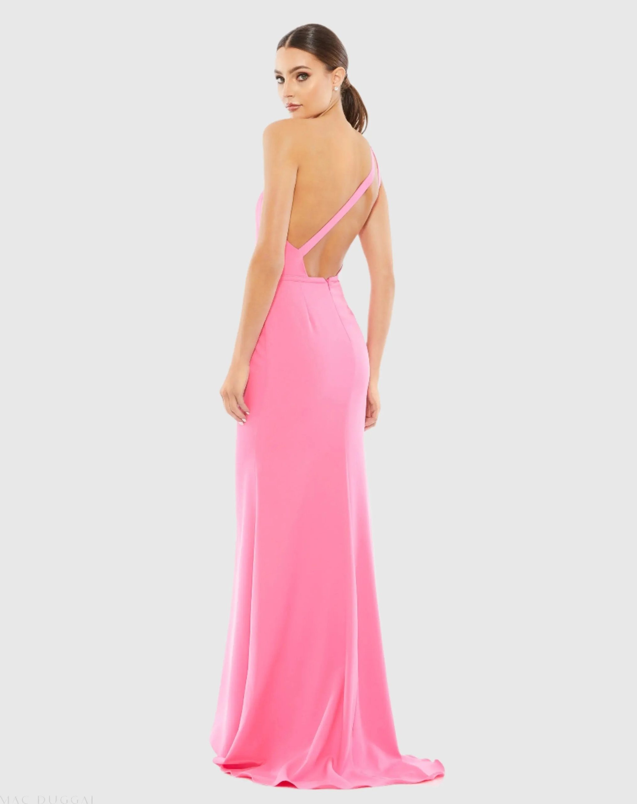 Pink One Shoulder Crepe Mermaid Gown - Image 3