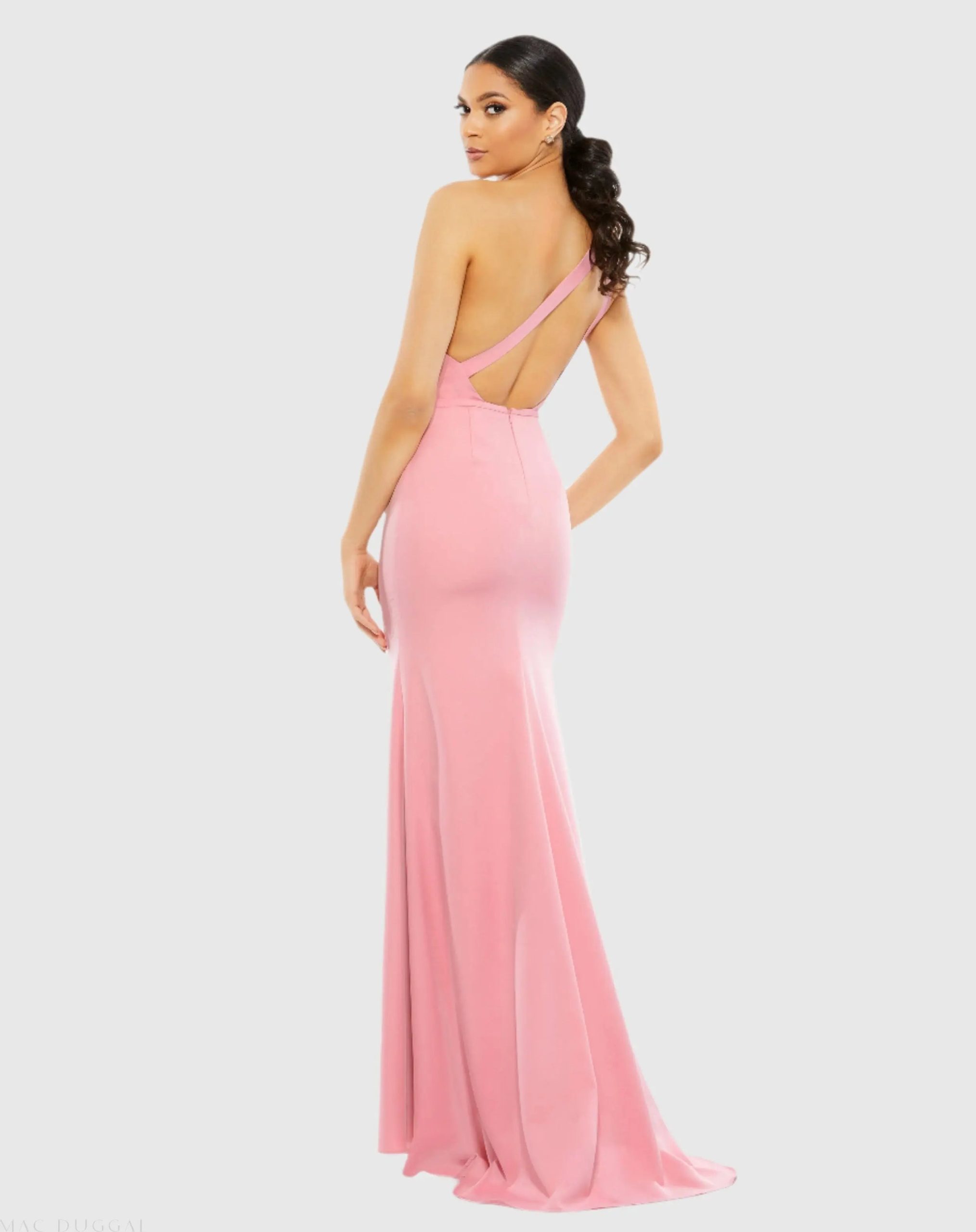 Light Pink One Shoulder Crepe Mermaid Gown - Image 3