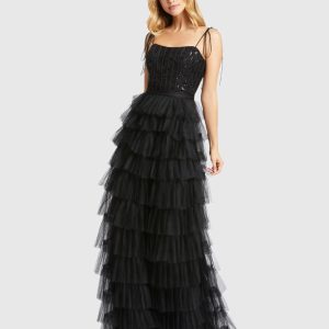 Black Sequined Bustier Tiered Ruffle Gown - FINAL SALE