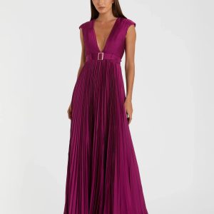 Purple Pleated Plunge Neck Belted A Line Gown