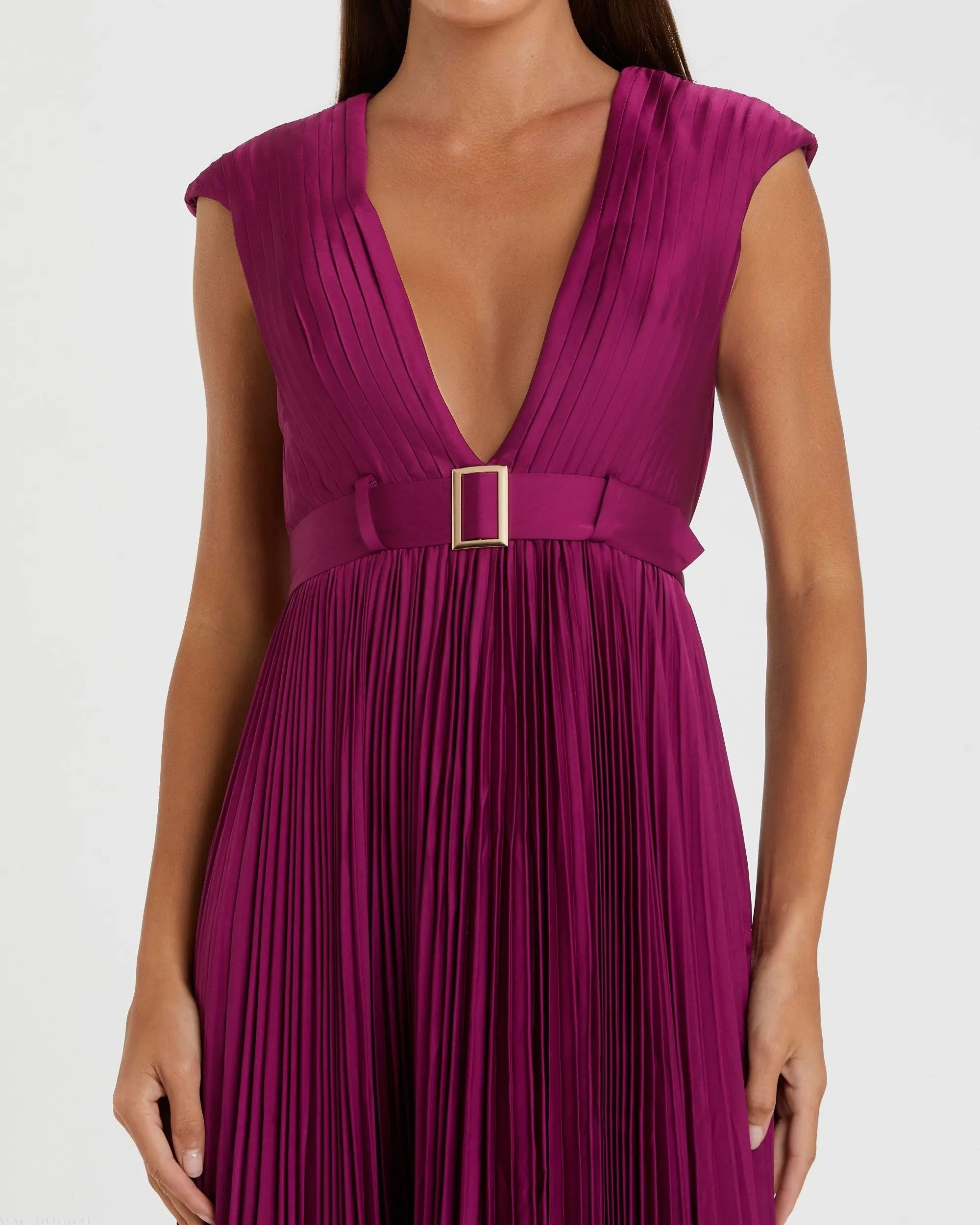 Purple Pleated Plunge Neck Belted A Line Gown - Image 2