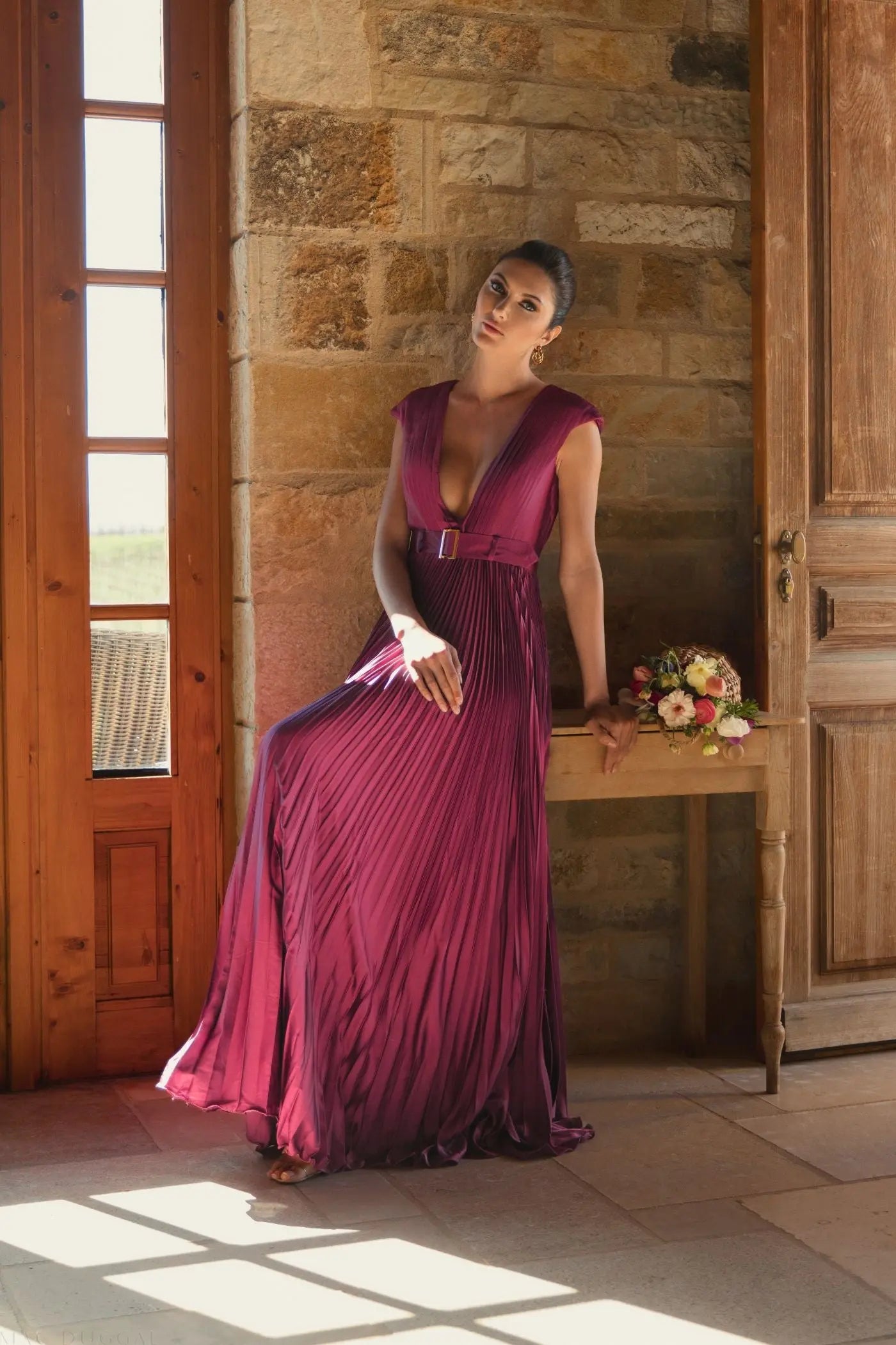 Purple Pleated Plunge Neck Belted A Line Gown - Image 6