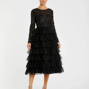 Black Long Sleeve Ruffle Tiered Midi Dress