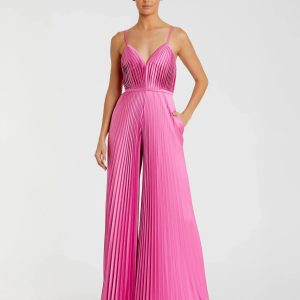 Pink Pleated Plunge Neck Wide Leg Jumpsuit
