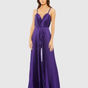 Purple Pleated Plunge Neck Wide Leg Jumpsuit