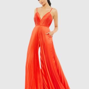 Orange Pleated Plunge Neck Wide Leg Jumpsuit
