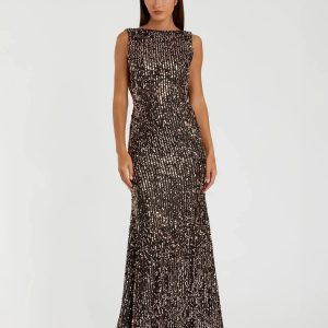 Brown Cowl Back Boat Neck Sequined Evening Gown