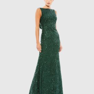 Green Cowl Back Boat Neck Sequined Evening Gown