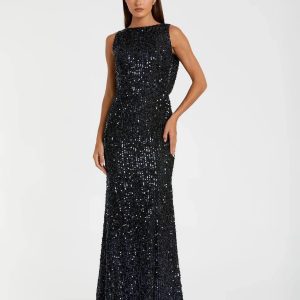 Navy Cowl Back Boat Neck Sequined Evening Gown