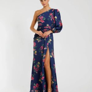 Navy One Sleeve Floral Print Charmeuse Gown With Slit