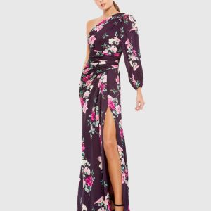 Purple One Sleeve Floral Print Charmeuse Gown With Slit