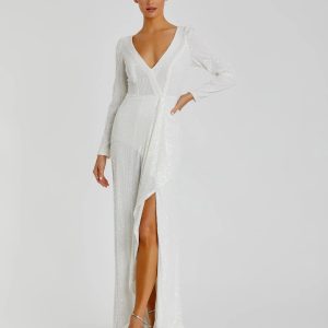 Faux Wrap Long Sleeve Sequin Gown