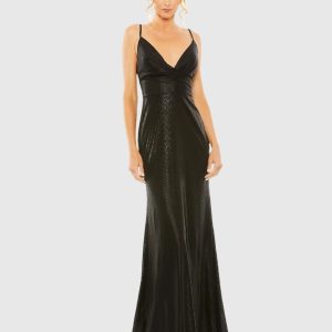 Black Metallic Faux Wrap Spaghetti Strap Gown