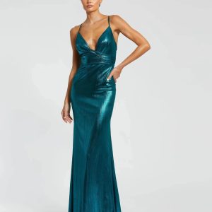 Metallic Faux Wrap Spaghetti Strap Gown