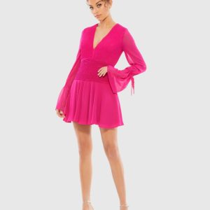 Pleated Bell Sleeve Chiffon Mini Dress