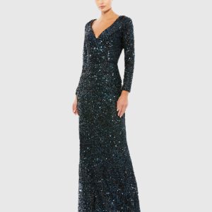 Navy Long Sleeve Sequined Gown