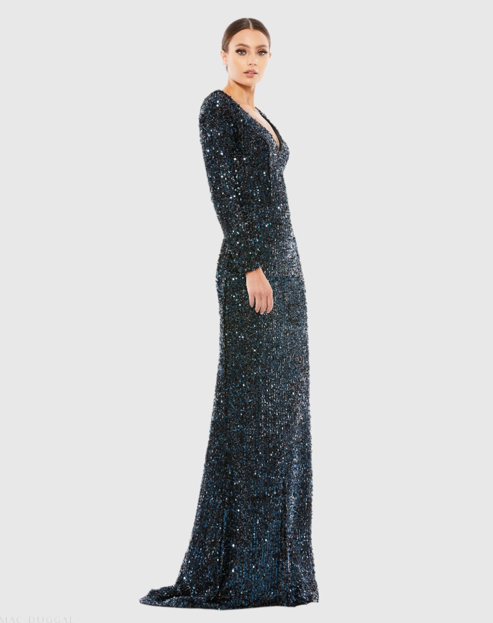 Navy Long Sleeve Sequined Gown - Image 3