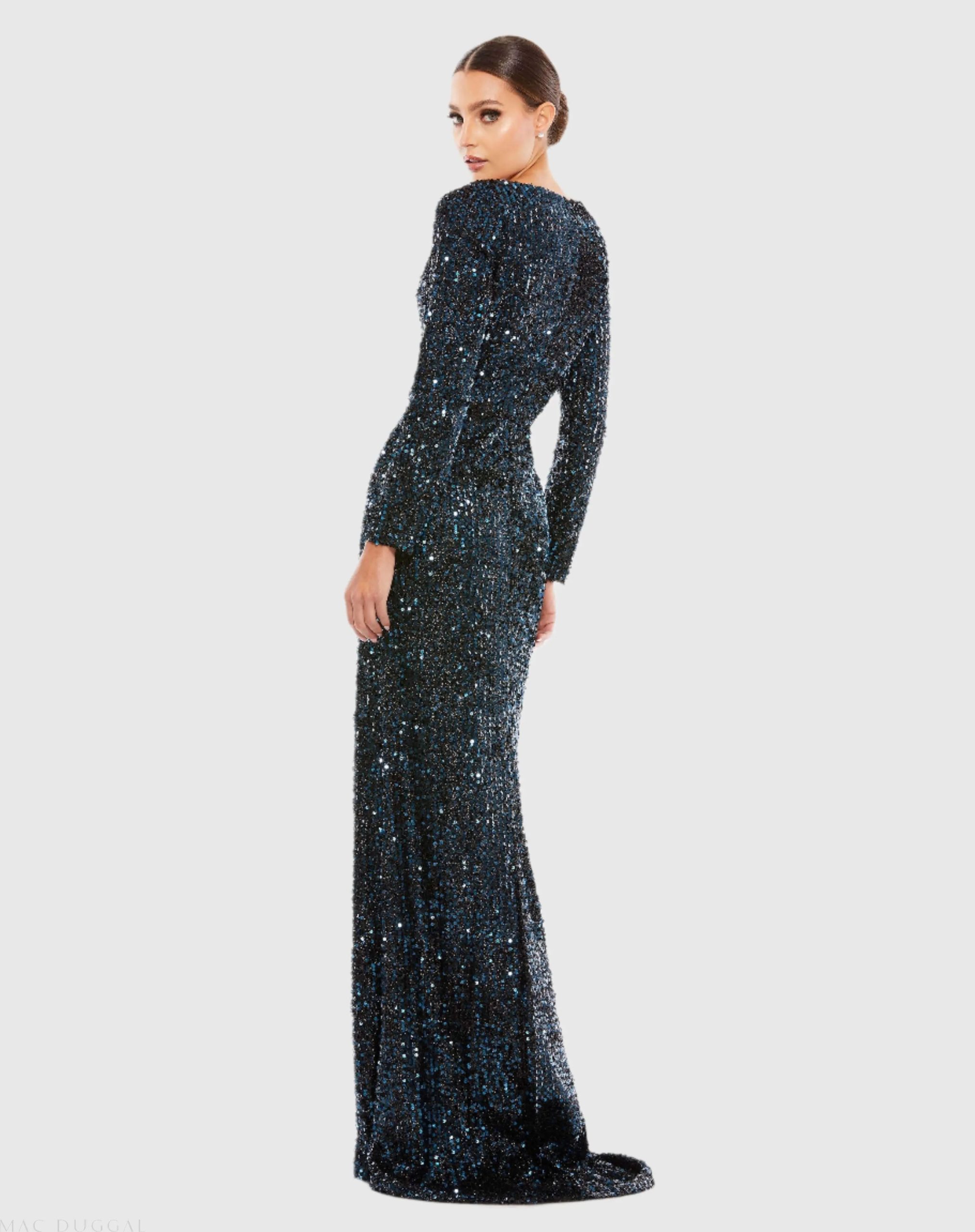 Navy Long Sleeve Sequined Gown - Image 4